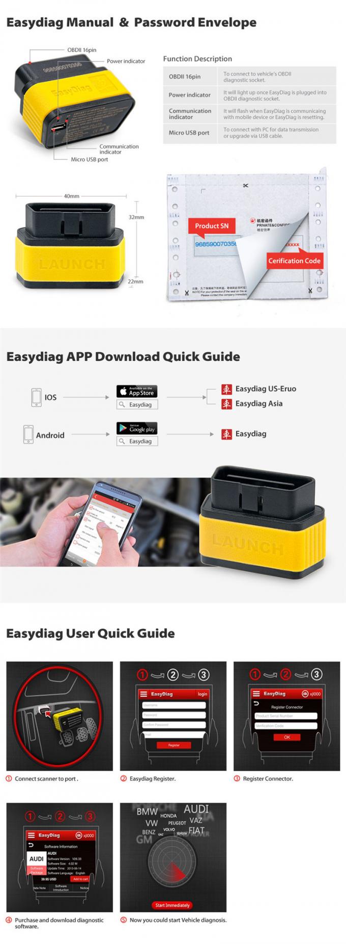 Outil plus de scanner des diagnostics Obd2 d'EasyDiag 2,0 de LANCEMENT de X431 EasyDiag 2,0 pour Android/IOS X431 EasyDiag 2,0 avec Blueto